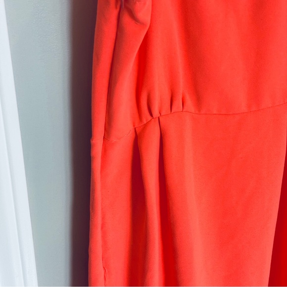 Sophia Neon Peach Pink Wrap Side Slit Asymmetrical Midi Dress - Picture 10 of 13